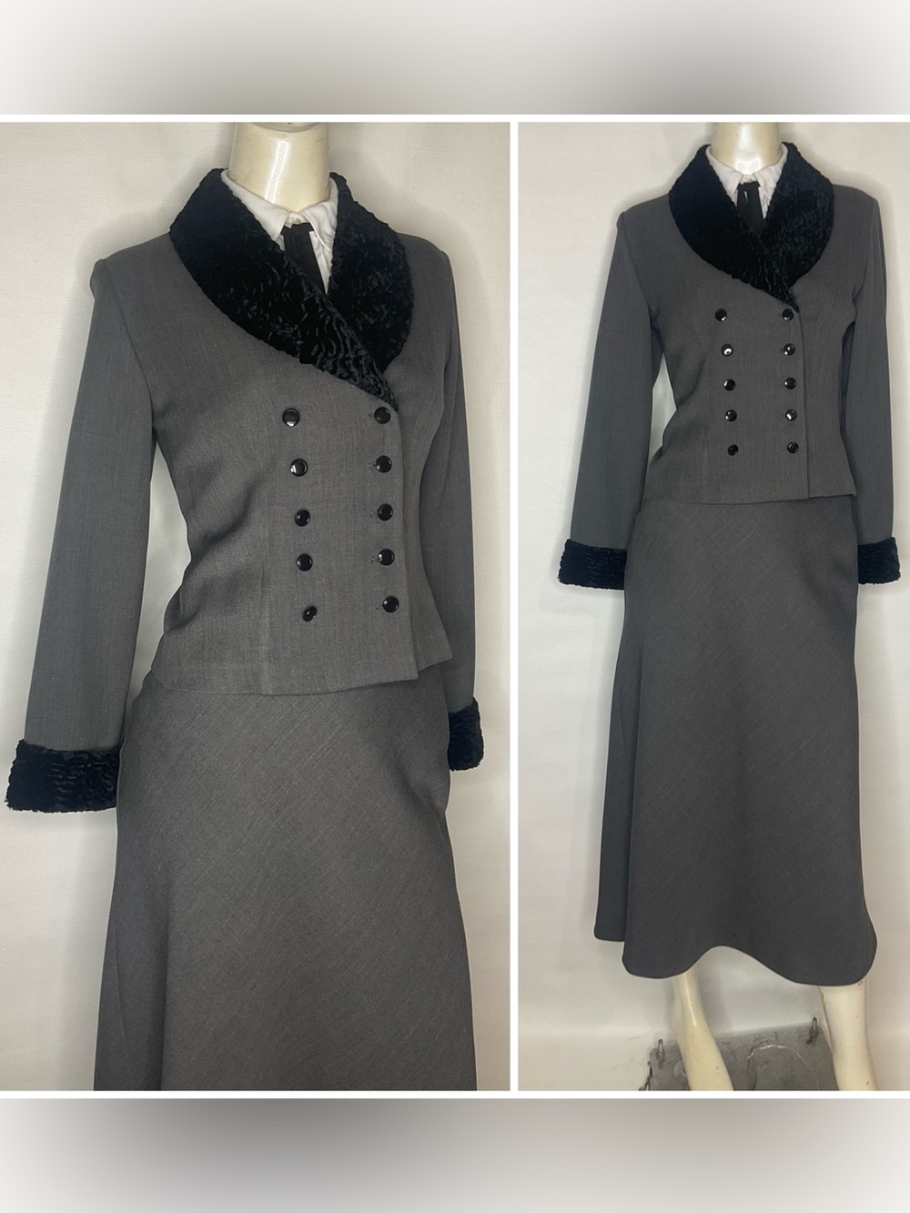 Vintage Y2K does 50’s Mid Century Gray Faux Fur Trim Jacket Flared Skirt Suit